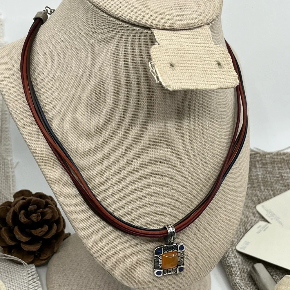 Vintage Ava Yetter Southwestern Pendant Necklace – Amber, Lapis, 925 Sterling - Picture 7 of 17